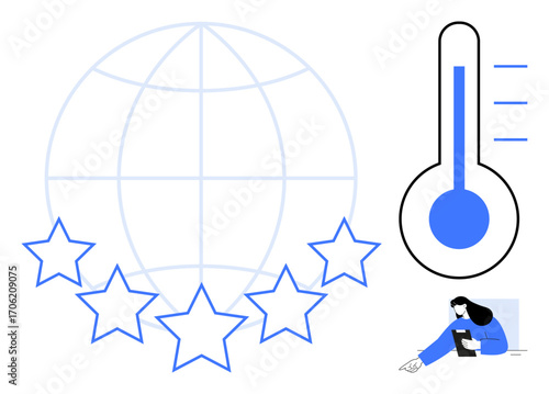 World globe and five-star rating system next to a thermometer gauge, with a woman analyzing data on a tablet. Ideal for evaluation, feedback, quality, ranking, climate, performance, simple landing
