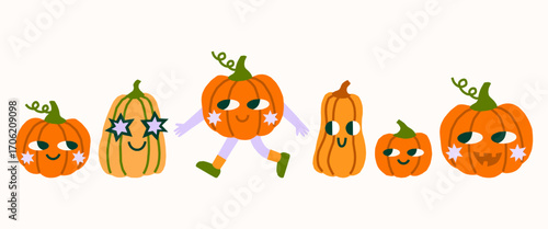 Cute simple Halloween characters vector illustration set. Funny pumpkins clipart