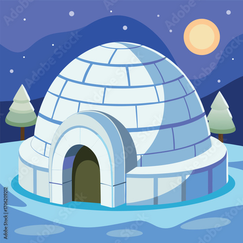 Winter Igloo in Snow Landscape Vector Illustration