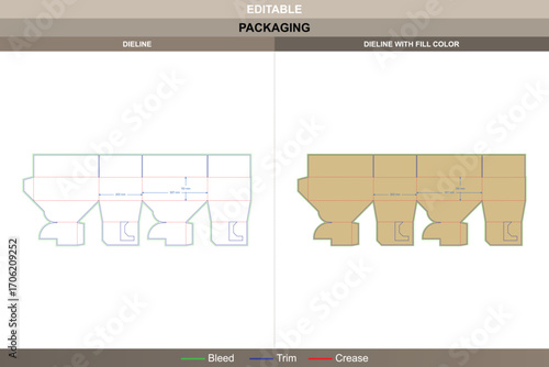 Folding box dieline with six grid inserts in one piece paper packaging, custom dimensions editable carton design including vector mockup and die line layout