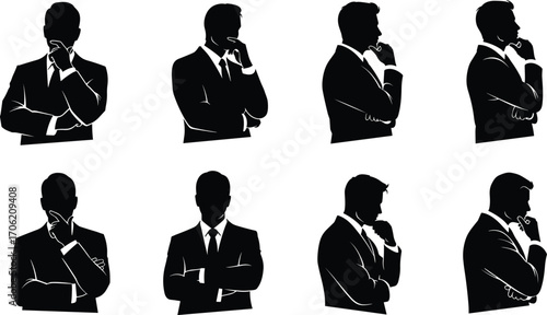 Business Silhouettes Featuring Thoughtful Men in Suits for Professional, Strategic, Psychological, and Introspective Design and Presentation Content