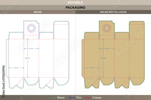 High quality tuck end bottle box dieline for packaging design, customizable vector template for bottled product cartons with precise die line for printing