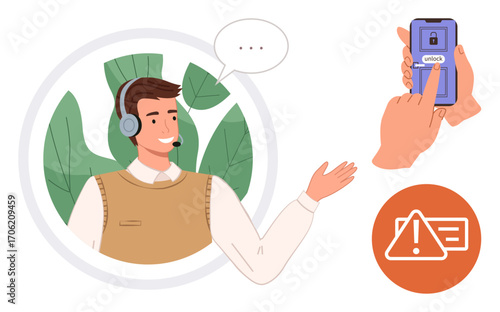 Smiling support agent with headset gesturing, mobile phone unlocked by user, warning icon for alert. Ideal for customer service, tech guidance, cybersecurity, communication, assistance, user