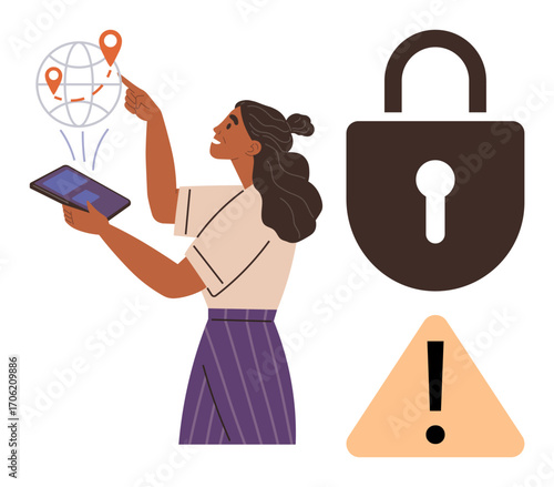 Woman interacting with a tablet and pointing at global network markers, alongside a padlock and warning sign. Ideal for technology, security, data privacy, communication, risk, global access