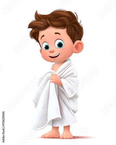 Cute smiling cartoon boy wrapped in soft white towel after bath