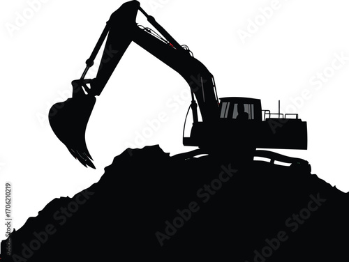 Silhouette of an excavator digging into a pile of dirt on a white background digger construction