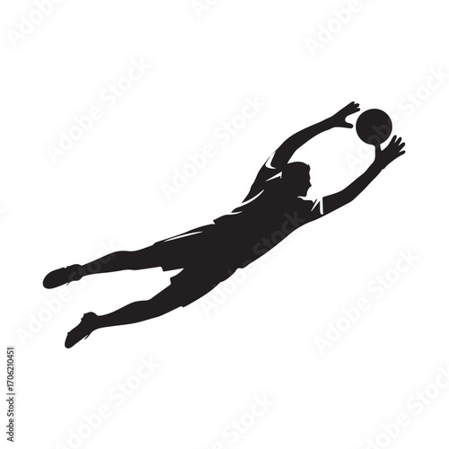 Silhouette of a soccer goalkeeper diving to catch the ball, isolated on white background technology background