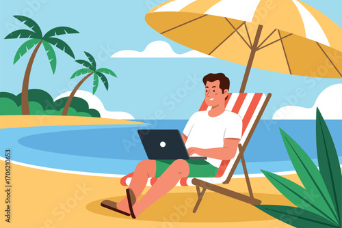 Man working on laptop on a sunny beach under an umbrella, enjoying remote work