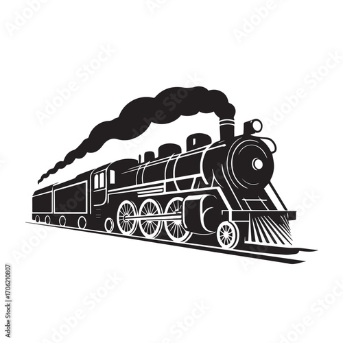 Silhouette of a vintage steam train with smoke billowing from its chimney, isolated on a white background technology background