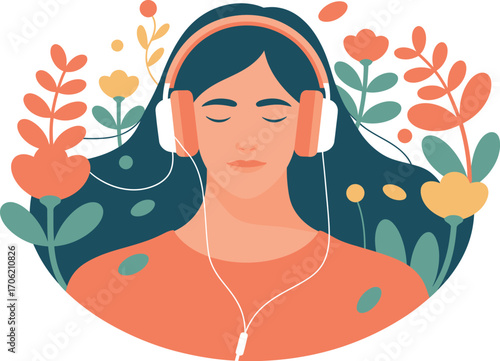 Peaceful woman with eyes closed wearing headphones, surrounded by vibrant nature and flowers.