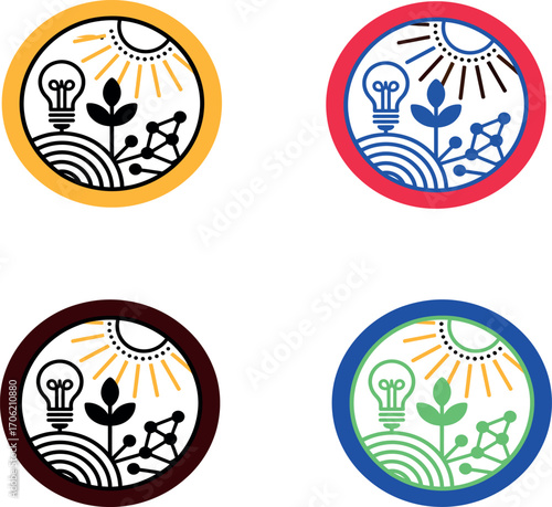 Bright ideas for a sustainable future, combining nature and technology in vibrant circular emblems.