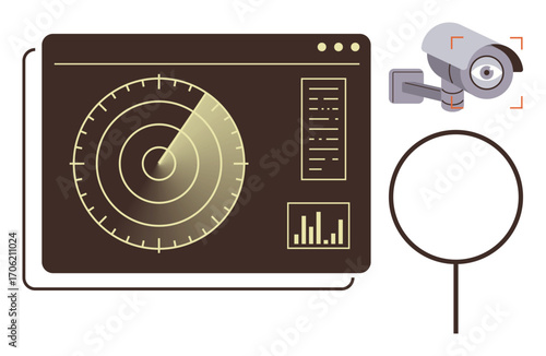 Radar screen with scanning display, security camera with red focus lines, and magnifying glass element. Ideal for security, monitoring, surveillance, technology, investigation, analytics