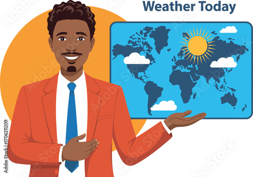 Smiling man presenting global weather forecast on a world map with sun and clouds.