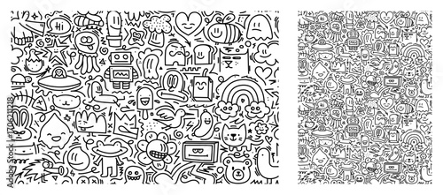 Seamless Cartoon Doodle Pattern with Cute Characters - animals, robots and fun objects. Perfect for kids' products, prints, packaging, and wallpaper. Playful seamless doodle pattern. Vector graphic