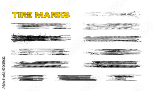 Set of Grunge Tire Track Marks Isolated on White Background. Collection of grunge tire marks and wheel track textures in black. Isolated skid patterns for automotive, racing, and design use. Vector