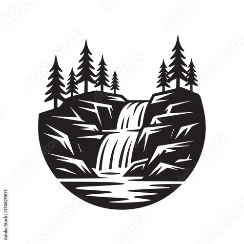 Stylized illustration of a waterfall cascading over rocks with pine trees, depicting a serene natural landscape technology background