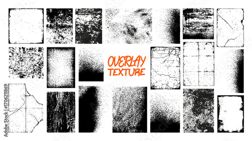 Different types overlay texture, stamps (grunge, dust, old paper, grain, torn, worn, concrete, spray, ink splashes) Overlay texture stamps for old effect. Grunge frames with spray. Vector graphic set