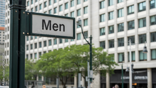 A men restroom sign on a dark green pole in an urban setting with a building in the background