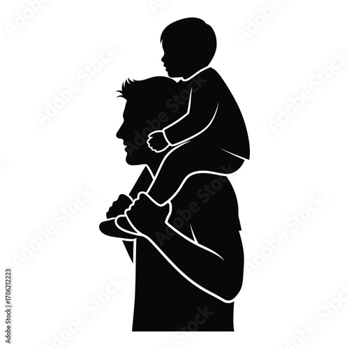 Father carrying child on shoulders silhouette artistic graphic depicting family bond silhouette