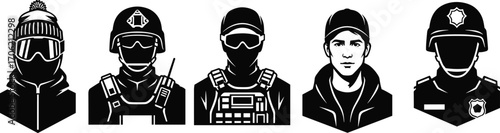 Military and law enforcement avatars vector set, tactical soldier, police officer, security personnel icons, protective gear, uniform silhouette illustration