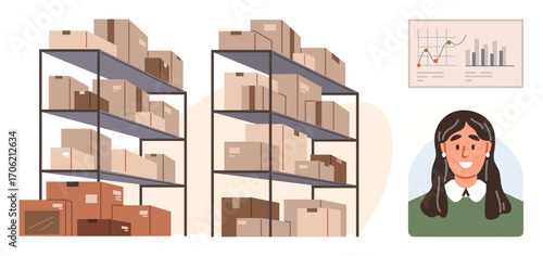 Warehouse racks stacked with boxes, statistical chart displaying growth, and smiling employee portrait. Ideal for inventory, logistics, business planning, productivity, supply chain, e-commerce