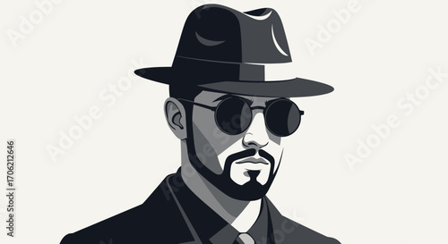 Man with beard wearing a hat and sunglasses, dressed in a suit, stylized illustration.