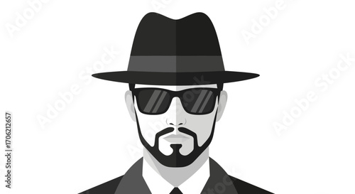 Stylish monochrome illustration of a man in a fedora and sunglasses, conveying mystery and intrigue.