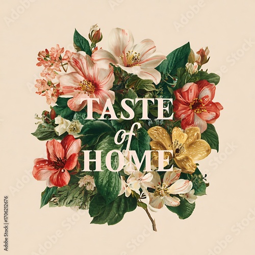 Vintage Floral Bouquet Taste of Home Elegant Botanical Illustration Pink Red Yellow Flowers