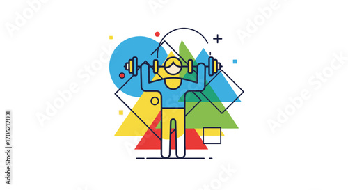 Stylized illustration of a person lifting dumbbells, set against geometric shapes and colorful accents.