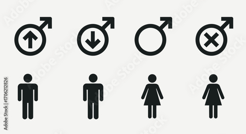 A collection of gender symbols and stick figures representing male and female identities in a simple, graphic style.
