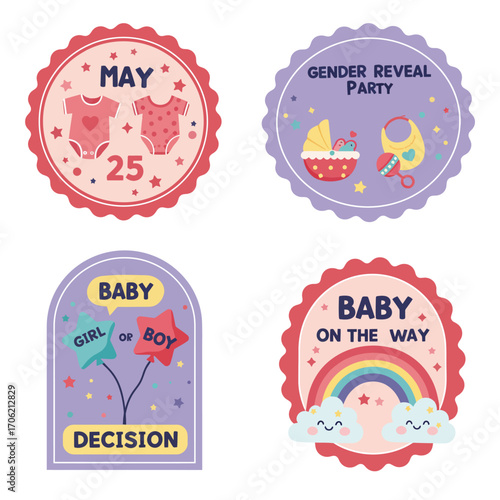 Four stickers gender reveal party, vector illustration design