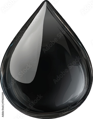A single, glossy black drop of liquid with reflections on a white background vector illustration