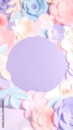 Pastel paper flowers frame a blank circle