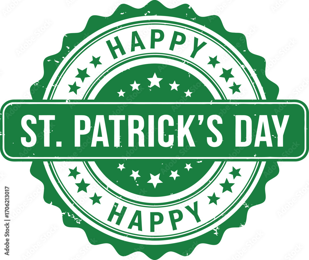 Obraz premium St Patricks Day Distressed Green Badge with Stars and Happy on White