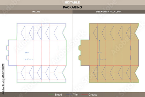 Unique polygonal eight sided box dieline in custom dimensions, professional paper packaging template with fold lines and editable die line for product cartons