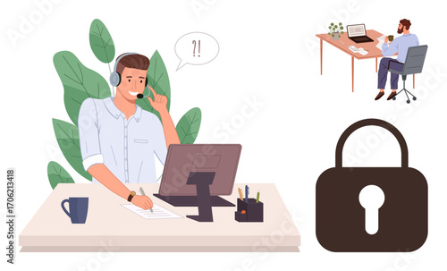 Support agent with headset working at desk, colleague in background at laptop, large lock icon. Ideal for tech support, security, privacy, communication, data protection, teamwork simple flat
