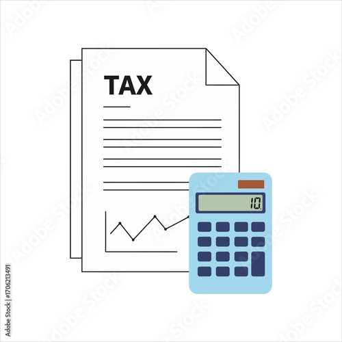 Tax document with graph and calculator showing the number 10 on the screen.