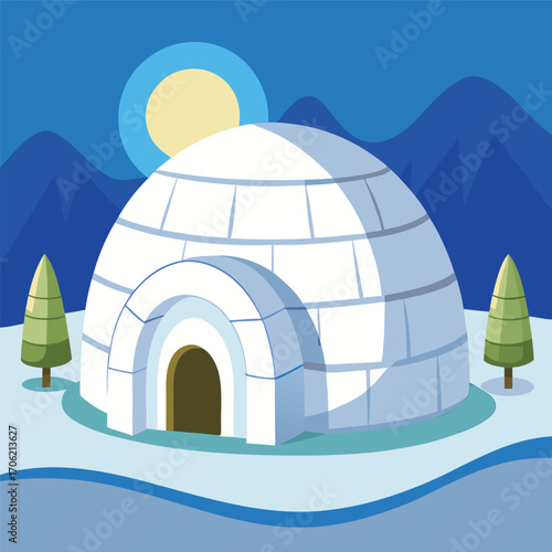 Winter Igloo in Snow Landscape Vector Illustration