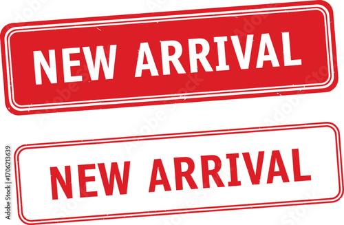 Two New Arrival Signs in Red and White with Rounded Corners and Border Design