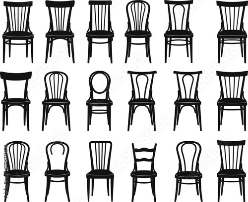 Collection of vintage black silhouette chairs, classic wooden chair designs, various styles, retro furniture vector illustration, antique seat clipart set