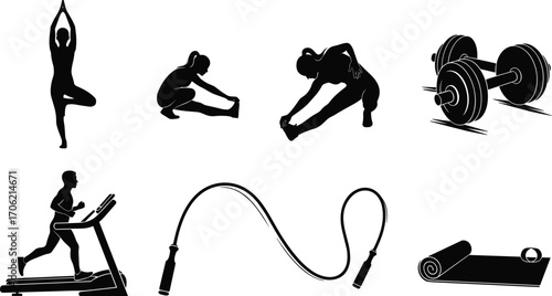 Fitness Silhouettes Featuring Yoga, Stretching, Treadmill, Dumbbells, Jump Rope, and Mat for Wellness, Gym, and Home Workout Design Content