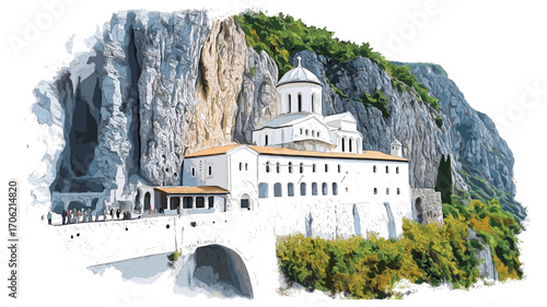 Ostrog Monastery. Ostrog Monastery watercolor vector illustration