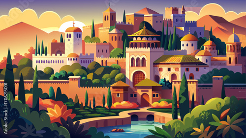 Alhambra, Generalife, and Albayzín, Granada, Spain, showcase Islamic art and Renaissance harmony, their ornate courtyards, fountains, and gardens shimmering beneath Andalusia’s warm golden light.