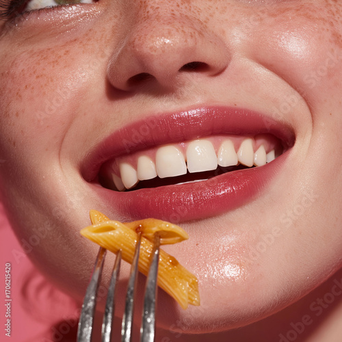  young woman eating a pasta