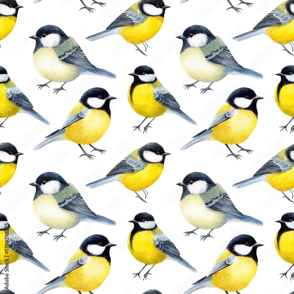 Fototapeta premium A Parus Major birds, watercolor seamless texture, endless repeatable rapport element