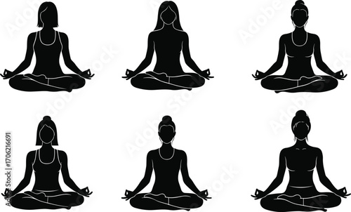 Meditation Silhouettes Featuring Diverse Individuals in Mudra Pose for Mindfulness, Yoga, Wellness, and Spiritual Design and Educational Content