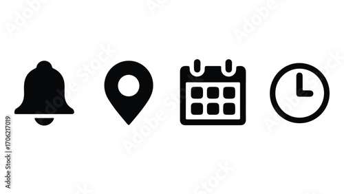 Bell, location, time, calendar and notification icons set. Flat simple illustrations of bell, pin, date and clock. Modern and versatile icon set for digital and print applications