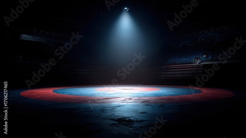 Stunning photo of spotlit Wrestling Mat in an Empty Arena.