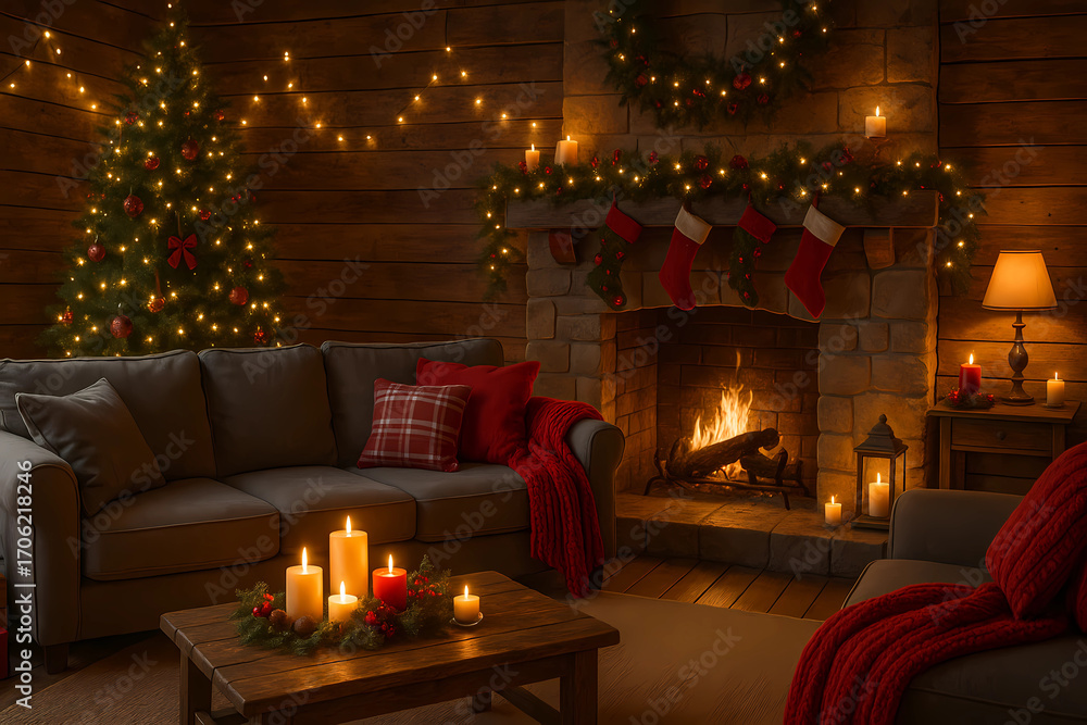 Obraz premium Festive interior with decorated Christmas tree and fireplace. 2026/2025