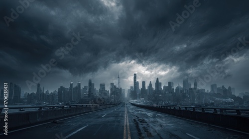 Stunning photo of postapocalyptic new york city skyline cinematic fictional scene with highway leading to armageddon scifi concept illustration.